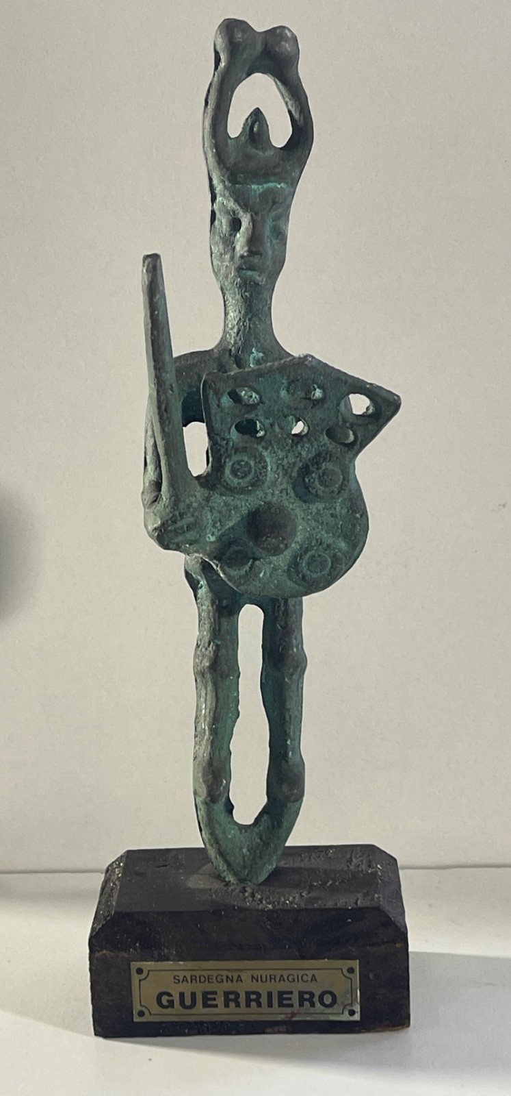 Sardinia Nuragic Warrior Bronze Sculpture on Wooden Base 20th Century Replica