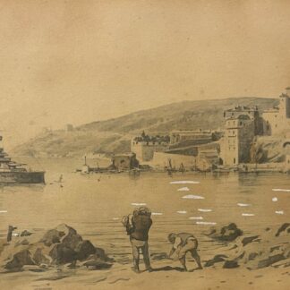 Villefranche-sur-Mer, Alpes-Maritimes — Battleships at Anchor Antique Ink Drawing