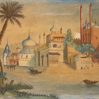 Cawunpur Indostan watercolour showing riverside buildings with blue domes tall minarets boats and a large palm tree