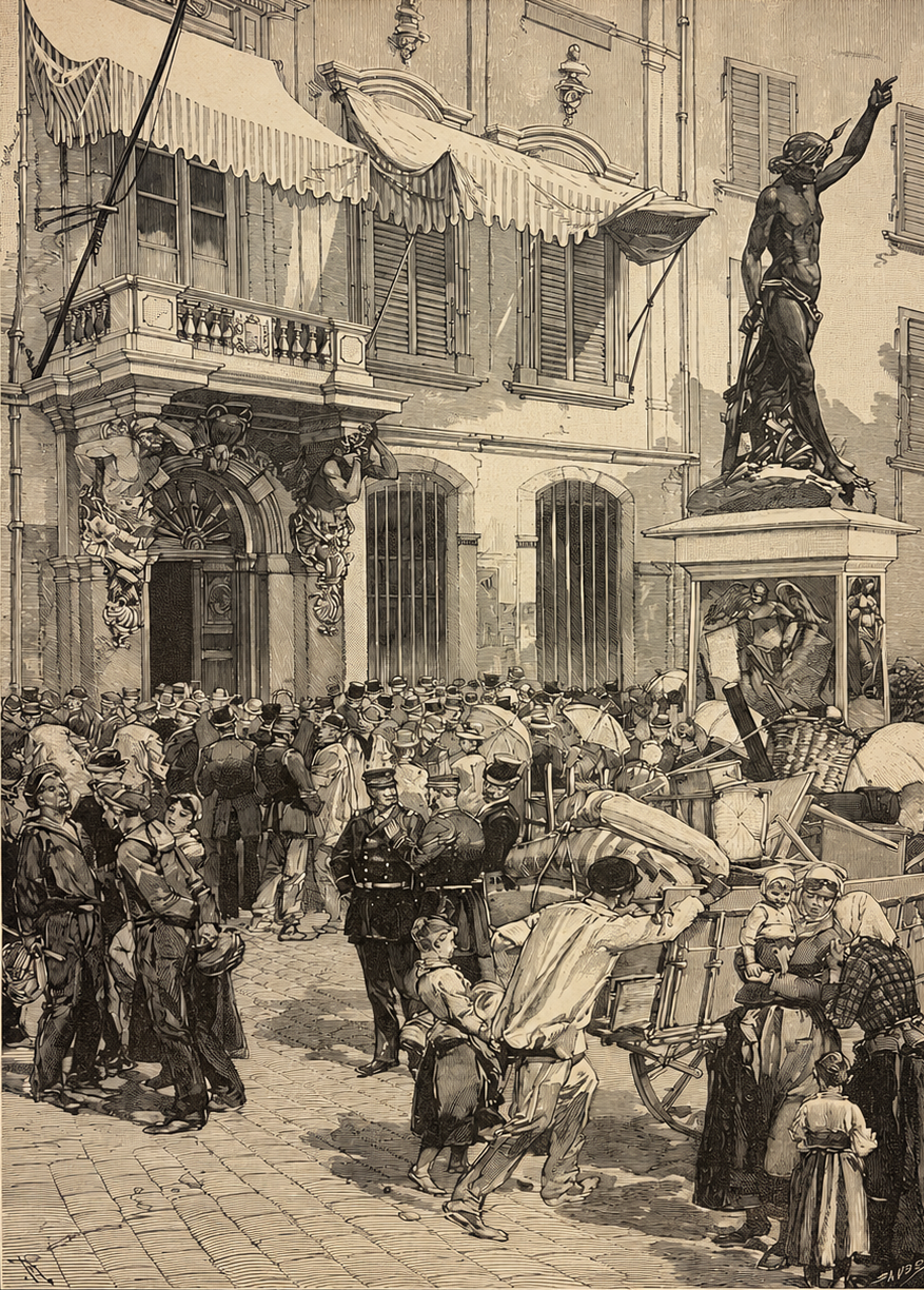 Toulon Var Provence France 1884 Cholera Panic at the Town Hall Wood Engraving
