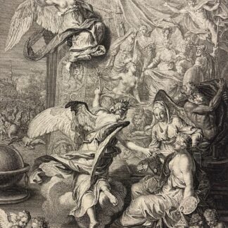 Bernard Picart engraving dated 1732 showing winged History handing a quill to Painting beneath a tapestry of Dutch rulers with putti and medals below