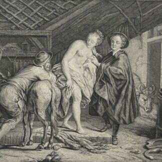 Depollier engraving illustrating La Fontaine’s La Jument du compère Pierre, showing three figures and animals in a rustic stable, 1883.