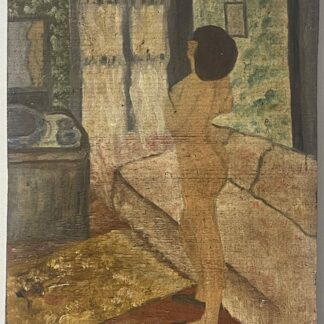After Bonnard Oil Painting — Intimate Interior with Standing Nude on Wood