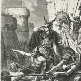Paris Viking siege engraving showing Norse warriors in boats beneath fortifications, by J. Ettlin after Alphonse de Neuville.
