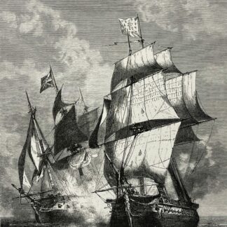 Belle Poule naval engraving showing two frigates exchanging cannon fire off Brittany, with tall sails and clouds of smoke.