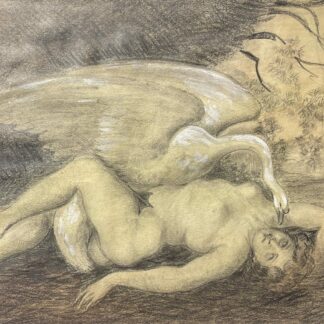 Leda and the Swan drawing in graphite and white gouache, showing a reclining female nude and a swan with outspread wings.