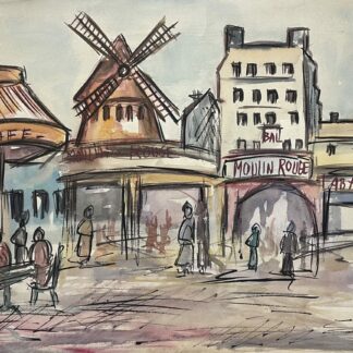 Paris Montmartre France Moulin Rouge watercolour by Gabrielle Canon-Courio with a red windmill café terrace and pedestrians