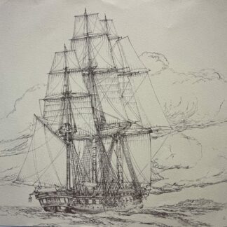 La Belle Poule 1881 Signed Pen and Ink Maritime Drawing