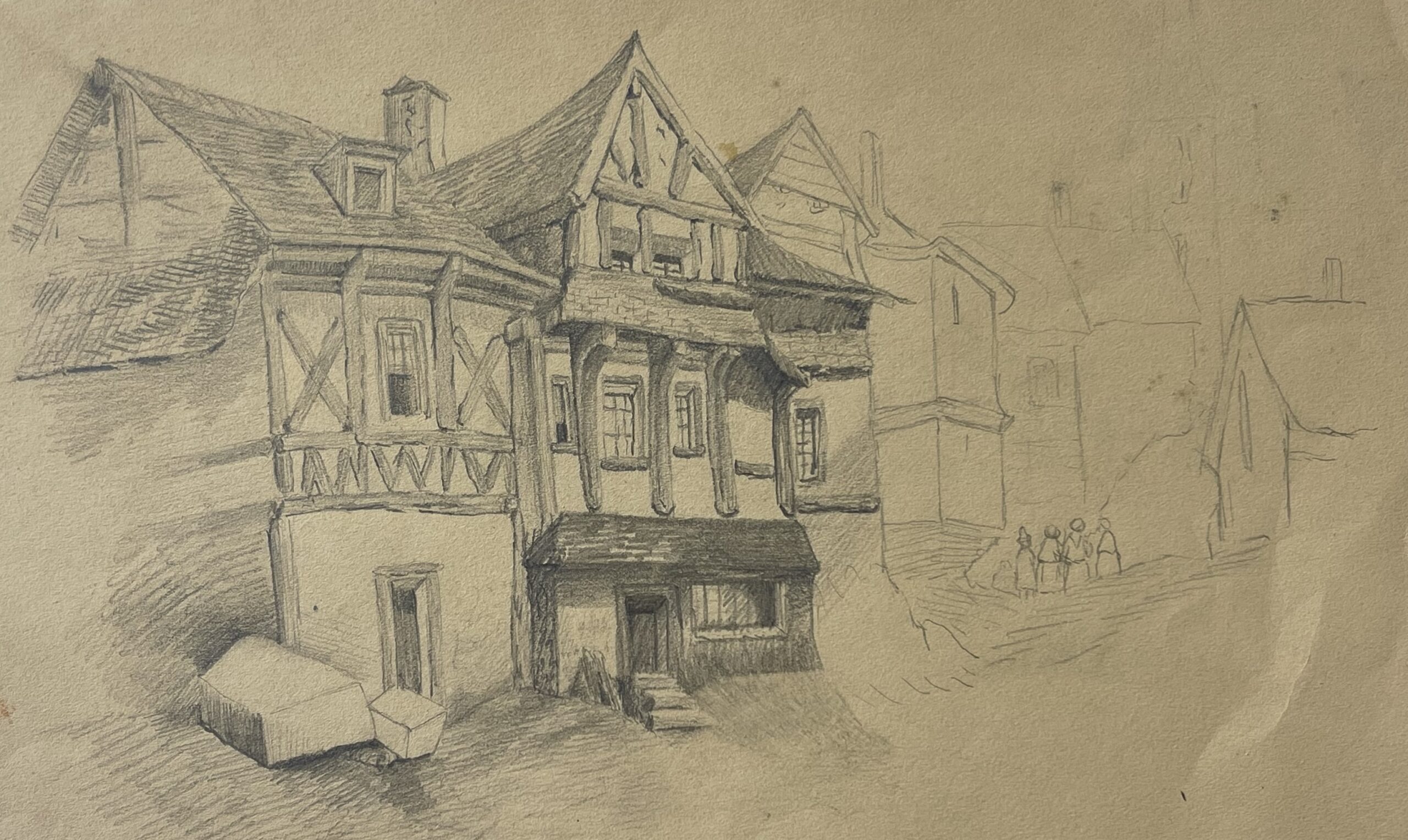 Normandy c1850 Pencil Drawing of Old Houses Possibly near Lisieux – Image 2