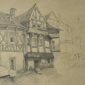Normandy c1850 pencil drawing showing old timber framed houses with steep roofs and curved wooden brackets possibly near Lisieux