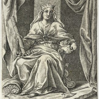 After Cesare Ripa aristocracy allegory engraving showing a crowned woman seated beneath curtains with symbolic attributes and a German caption
