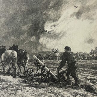 After Leon Lhermitte ploughing print showing a farmer guiding a horse-drawn plough across a field beneath a dramatic cloudy sky