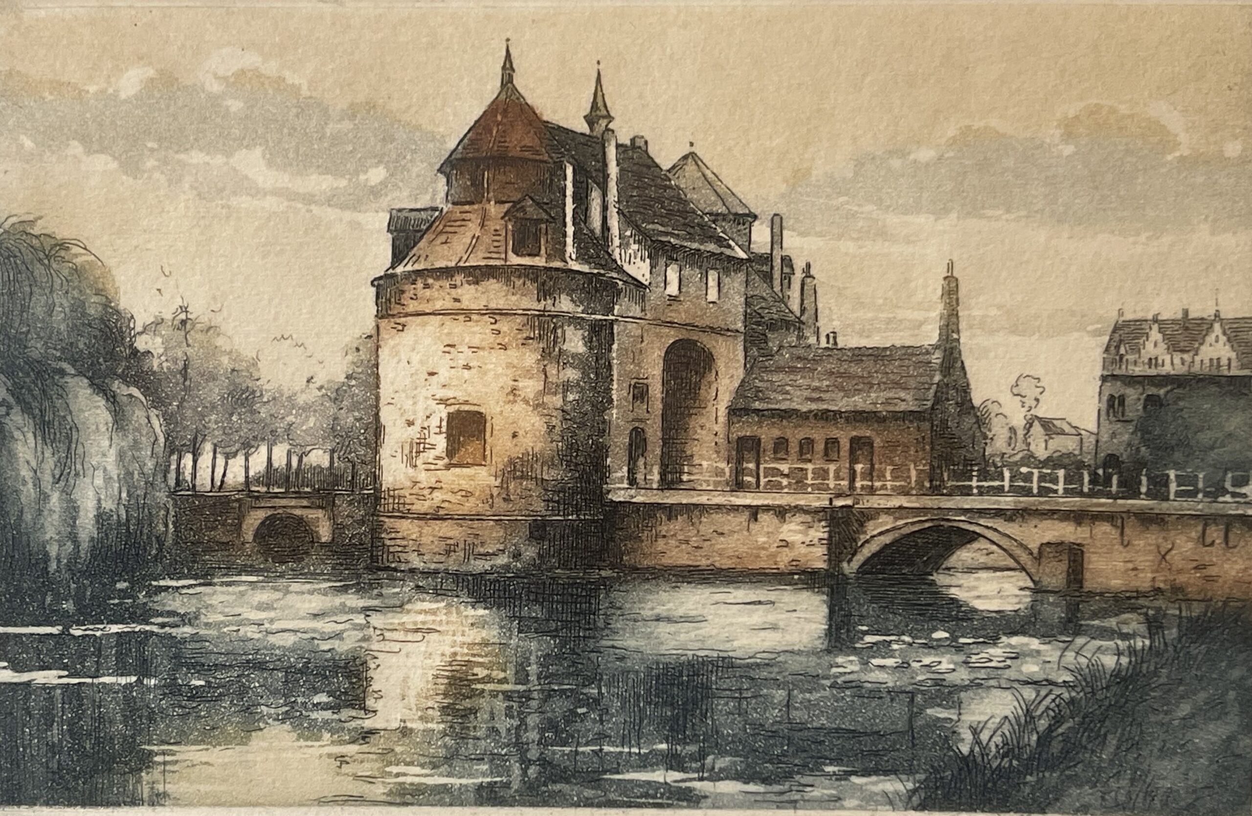 Bruges Belgium Ezelpoort Gate and Water Reflections Signed Colour Print – Image 3