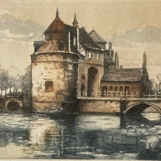 Colour print of the Ezelpoort gate in Bruges Belgium showing a round tower and bridges reflected in the water with a pencil signature below.