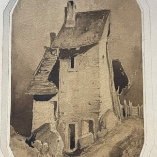 Antique sepia wash drawing depicting an old house with a tall chimney and adjoining outbuilding possibly in Salins-les-Bains Jura France.