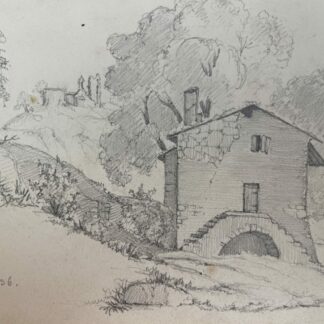 Pariset pencil drawing dated 1836 showing a house with an exterior staircase above an arch and a distant chapel and ruined tower.