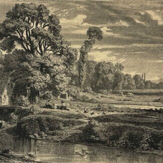 Normandy landscape lithograph with cottages beside water and ducks in the foreground with tall trees and livestock reproducing a composition by Cabat