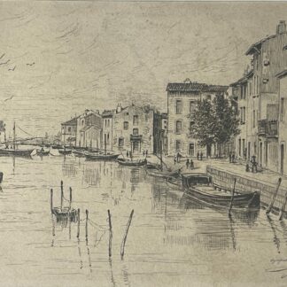 Martigues ink drawing showing boats and their reflections along a canal bordered by houses with a handwritten inscription referring to 1898