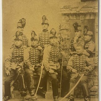 Antique albumen photograph of seven French cavalrymen wearing braided dolmans with numbered collars and plumed shakos