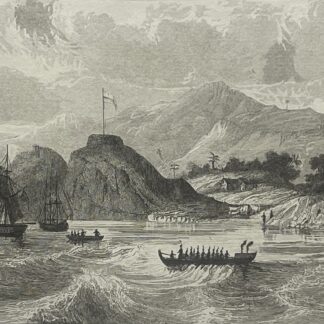 Taiohae Bay on Nuku Hiva with sailing ships and a canoe beneath the mountains in an 1836 engraving captioned Vue de Madisonville