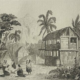 Pitcairn Island engraving from 1838 showing a two-storey wooden house and islanders surrounded by palm trees and a large tree with aerial roots