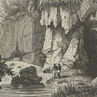 Ambon Amboine engraving showing two figures beside a cascade beneath high rock walls surrounded by tropical vegetation in Indonesia