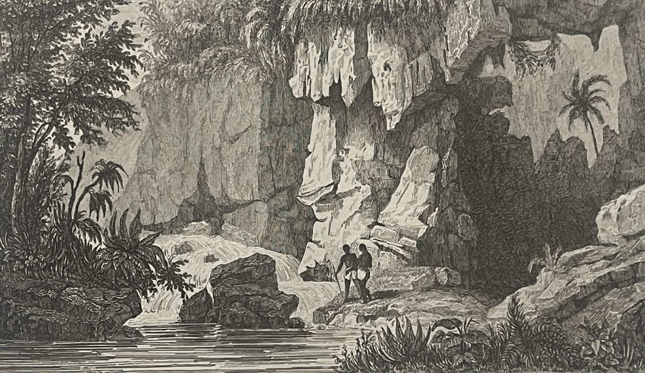 Ambon Amboine engraving showing two figures beside a cascade beneath high rock walls surrounded by tropical vegetation in Indonesia