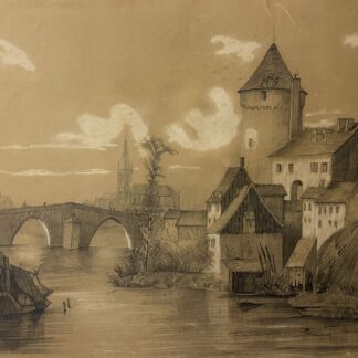 Laval 1865 graphite drawing signed Henry Tampard showing the castle and old houses beside the River Mayenne with white chalk highlights.