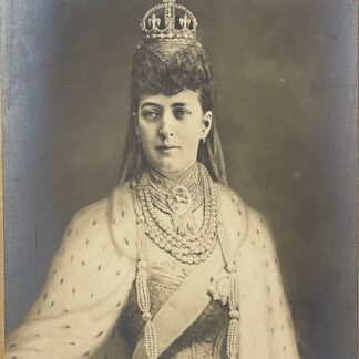 Queen Alexandra wearing her coronation crown and ermine robes in a 1902 silver photograph on its original embossed Rotary London mount.