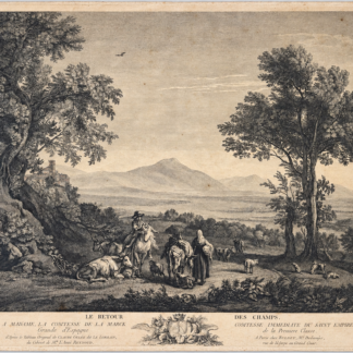 Claude Lorrain pastoral engraving by Godefroy showing figures with horses and cattle beneath large trees overlooking a mountainous landscape
