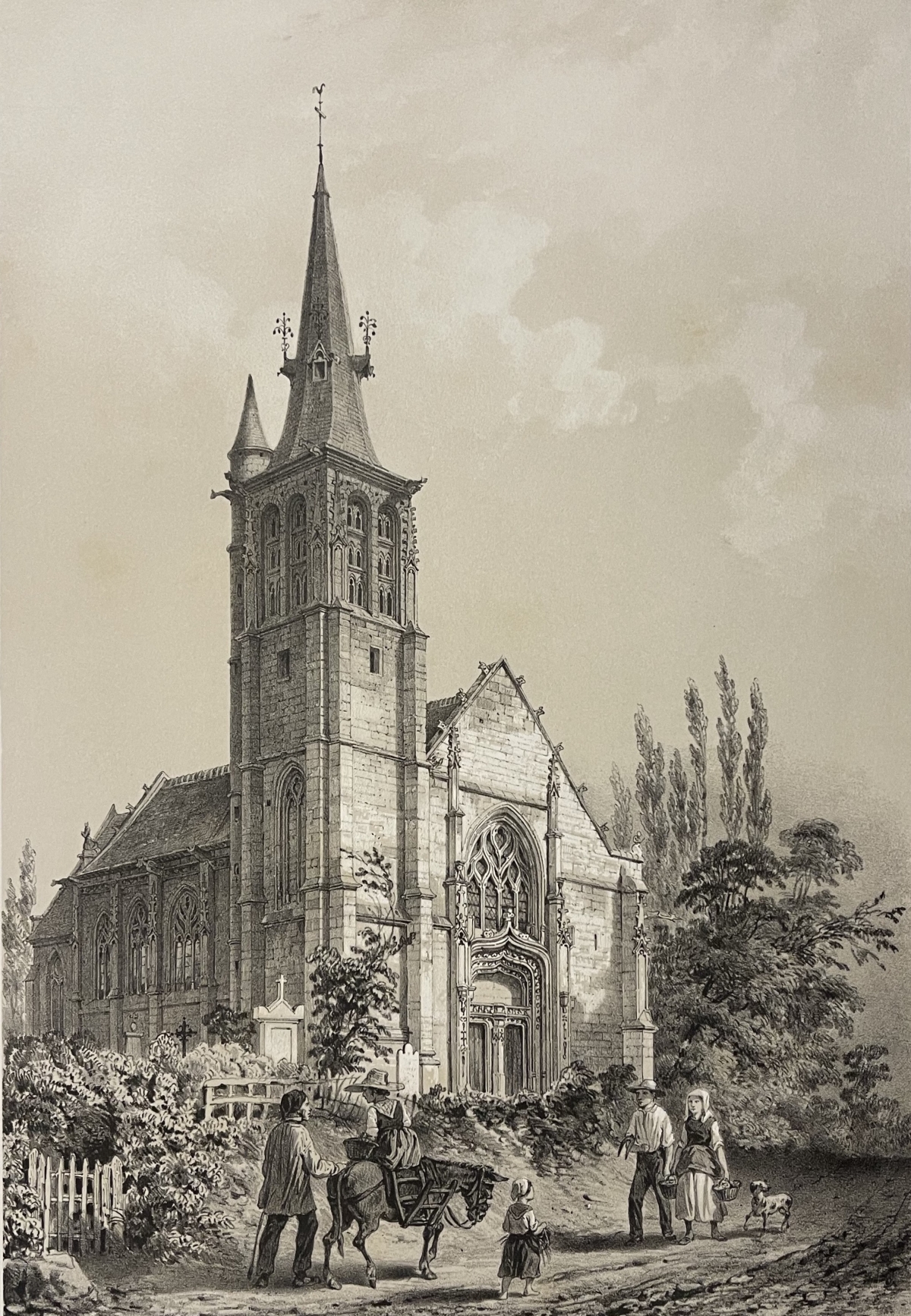 Appeville Annebault Eure Normandy France 1852 Village Church Two Tone Lithograph