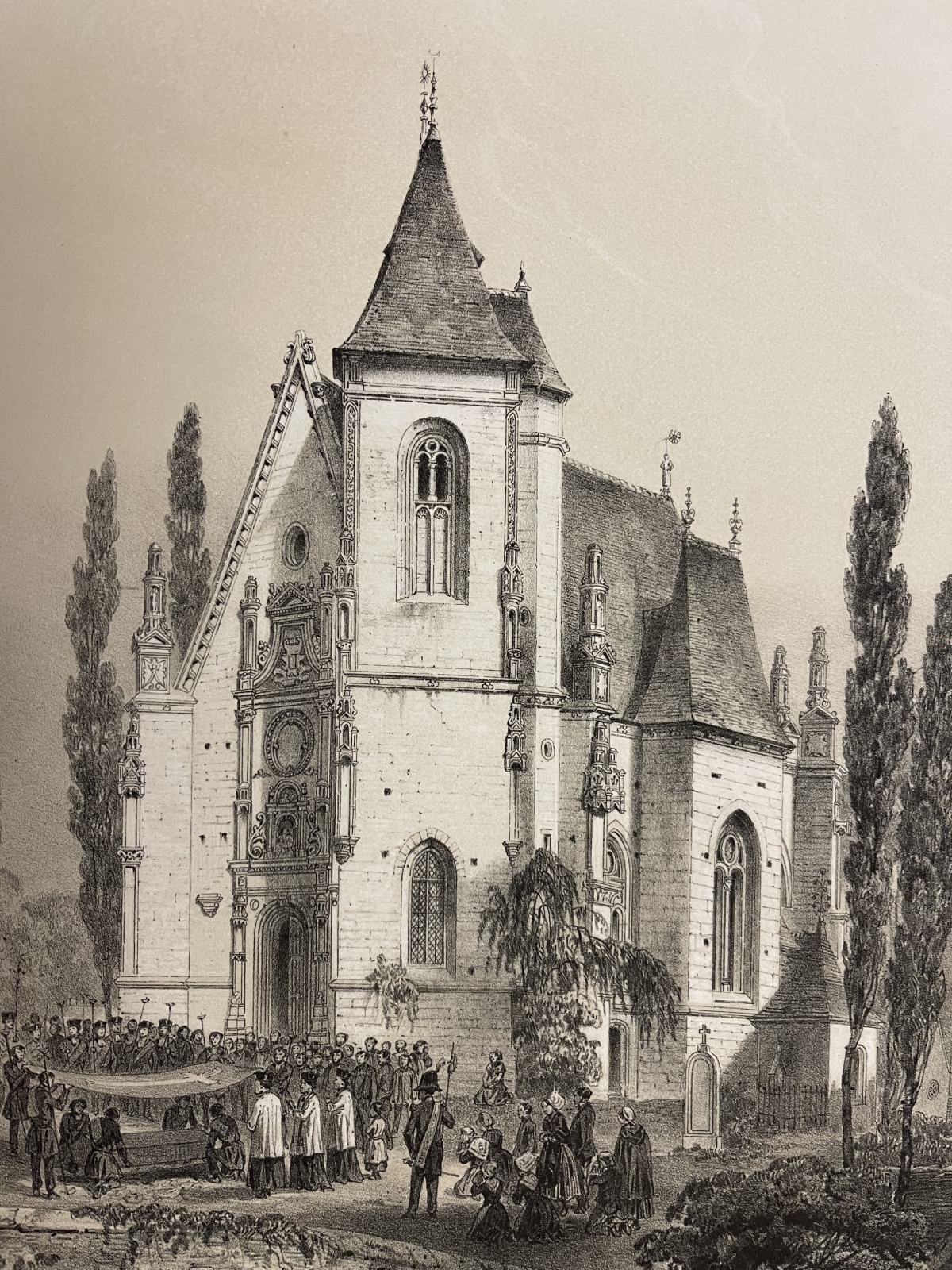 Longny au Perche Orne Normandy France Chapel and Procession Antique Lithograph