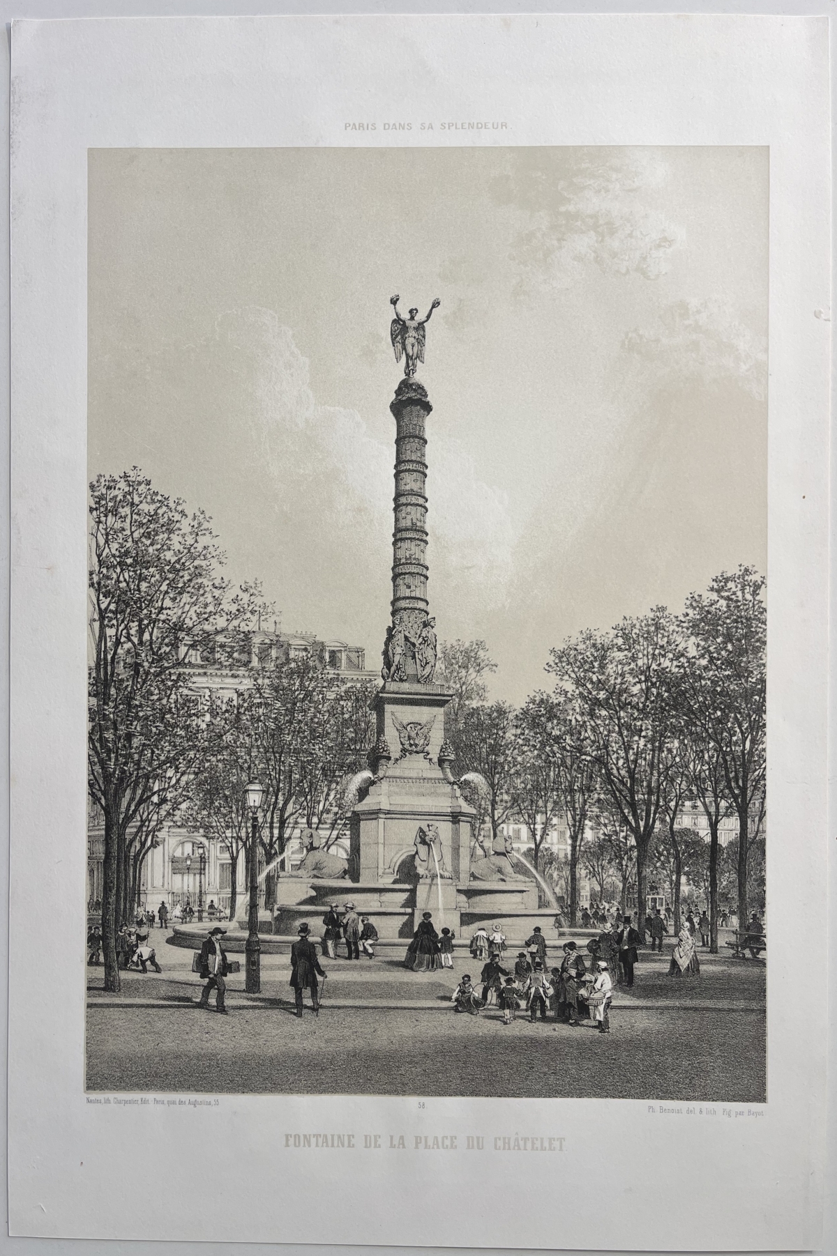 Paris France 1866 Fontaine du Palmier Chatelet Original Lithograph – Image 2