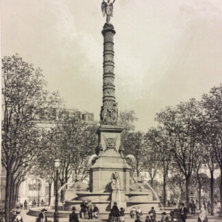 Paris Chatelet Fountain in an 1866 tinted lithograph showing the winged Victory column with sphinxes and pedestrians in period dress.