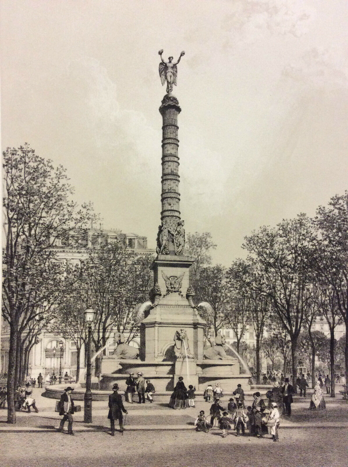 Paris Chatelet Fountain in an 1866 tinted lithograph showing the winged Victory column with sphinxes and pedestrians in period dress.