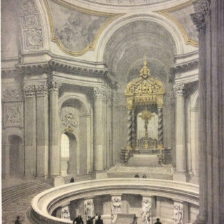 Paris Invalides lithograph from 1866 showing visitors around Napoleon’s tomb beneath tall columns and an ornate altar canopy with golden-yellow details
