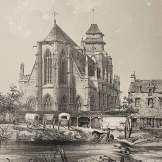 Pont-l'Eveque church lithograph from 1852 showing Gothic windows and a tower above carts and horses beside the water in Normandy France