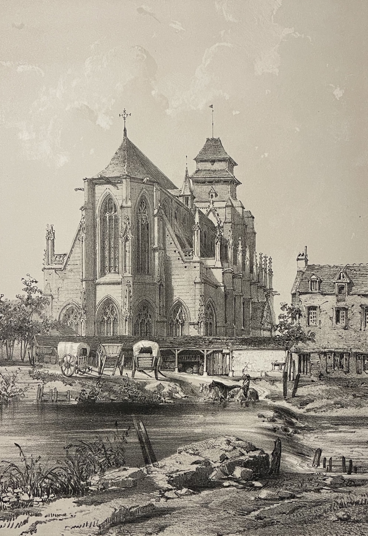 Pont-l'Eveque church lithograph from 1852 showing Gothic windows and a tower above carts and horses beside the water in Normandy France