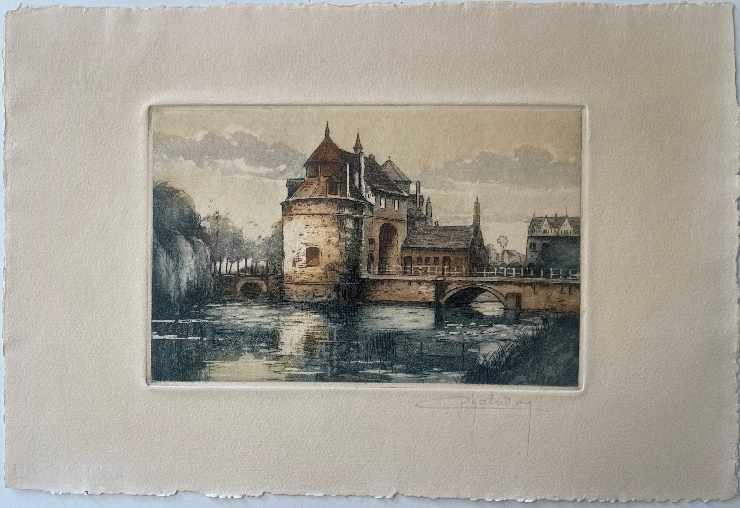 Bruges Belgium Ezelpoort Gate and Water Reflections Signed Colour Print – Image 2