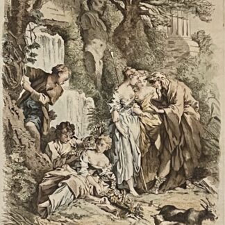 La Bonne Aventure antique print after Francois Boucher, showing a fortune teller and pastoral figures, on Blauw laid paper with broad margins.