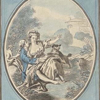 Coloured engraving by Debucourt after Jean-Baptiste Huet showing a couple in a pastoral setting, with the engraved date 1789.