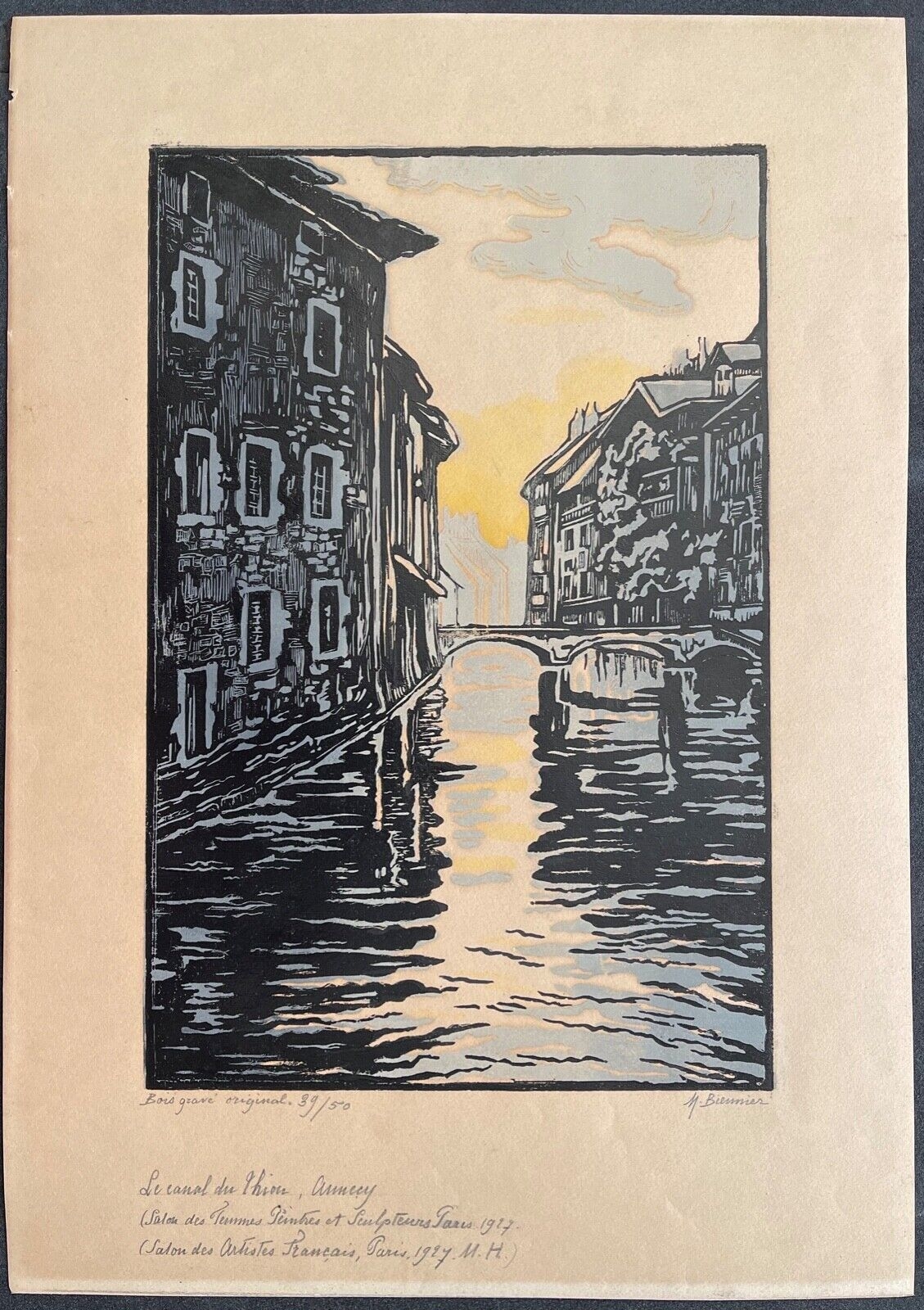 Annecy Haute-Savoie France 1927 Thiou Canal Woodcut by Marie Biennier Signed – Image 2