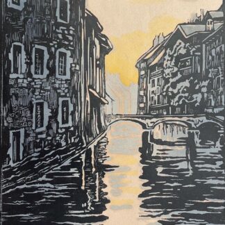 Annecy France 1927 Marie Biennier Thiou Canal Signed Colour Woodcut