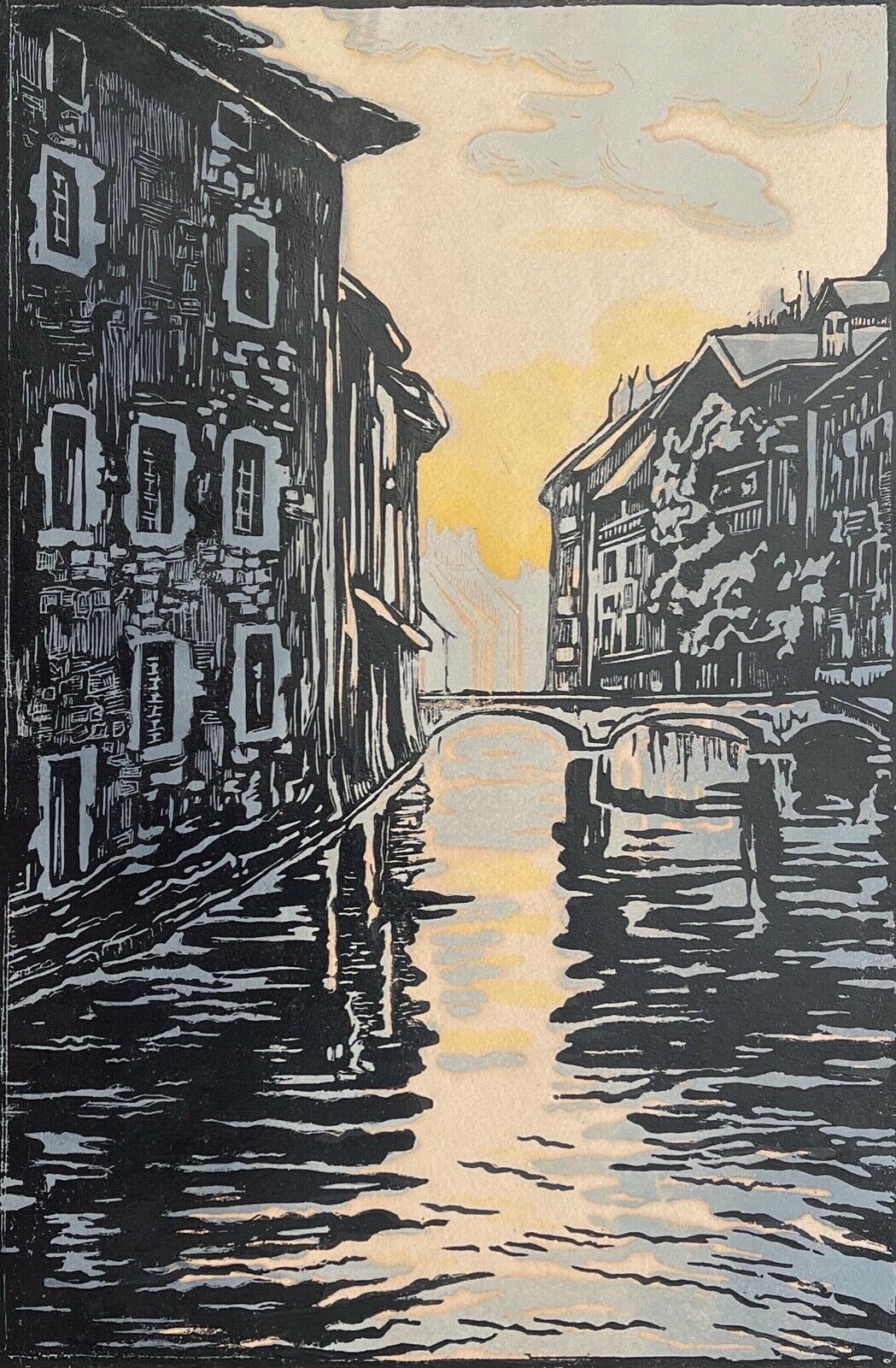 Annecy France 1927 Marie Biennier Thiou Canal Signed Colour Woodcut