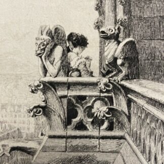 Paris Notre Dame c1873 Lovers and Gargoyles Etching Leon Gaucherel