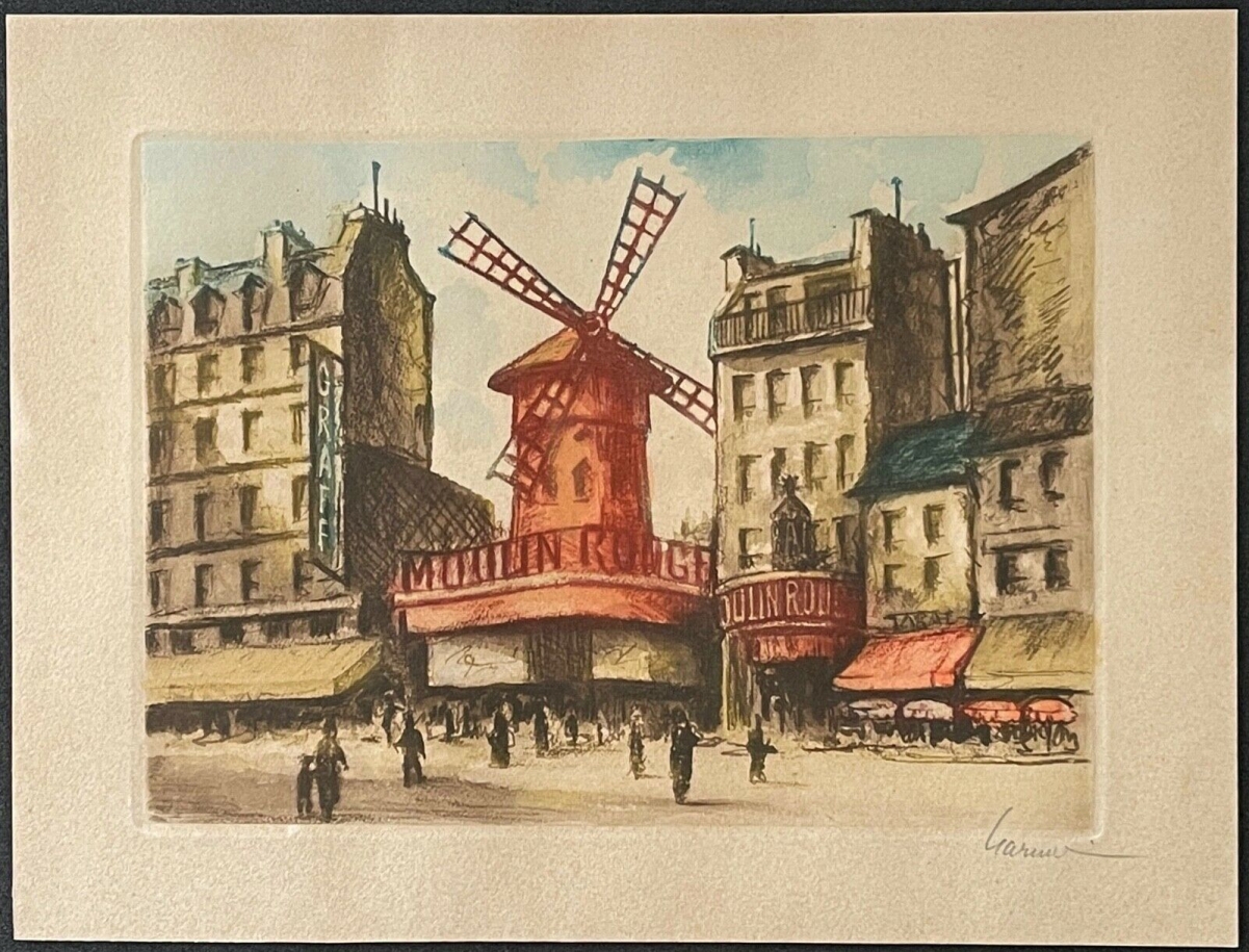 Paris Moulin Rouge Windmill Scene — Mid-Century Signed Colour Etching – Image 2