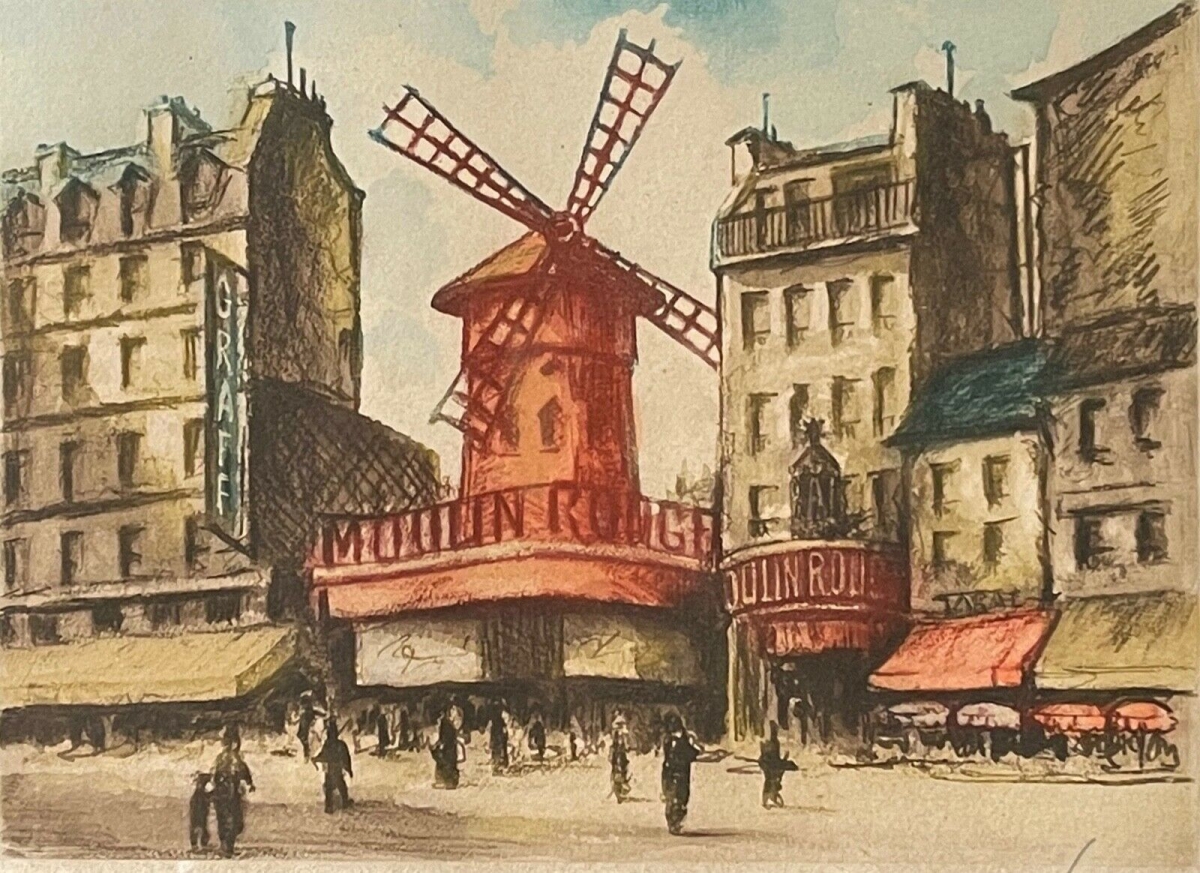Paris Moulin Rouge Windmill Scene — Mid-Century Signed Colour Etching – Image 3