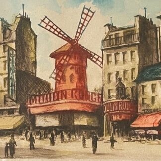 Paris Moulin Rouge Windmill Scene — Mid-Century Signed Colour Etching