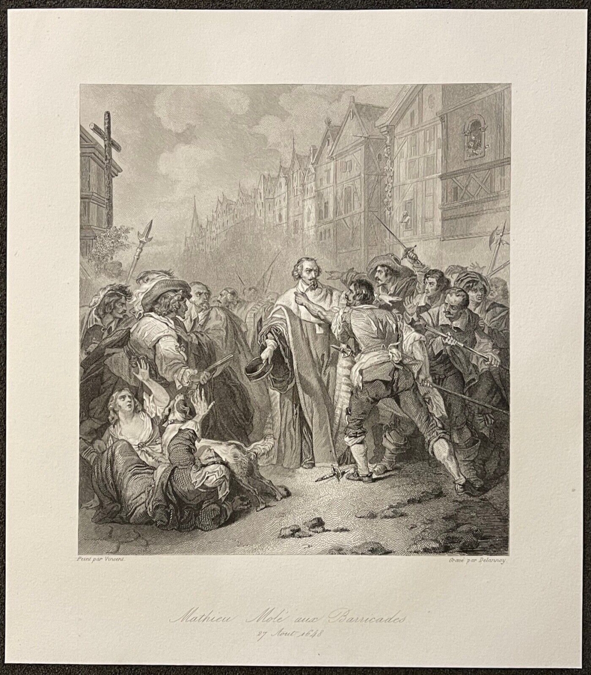 Paris France c1840 Mathieu Mole Engraving The Fronde Barricades of 1648 – Image 2