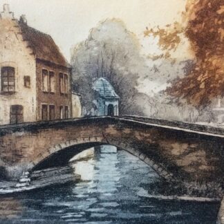 Signed colour print showing a presumed view of Bruges with a stone bridge over a canal and stepped-gable houses.